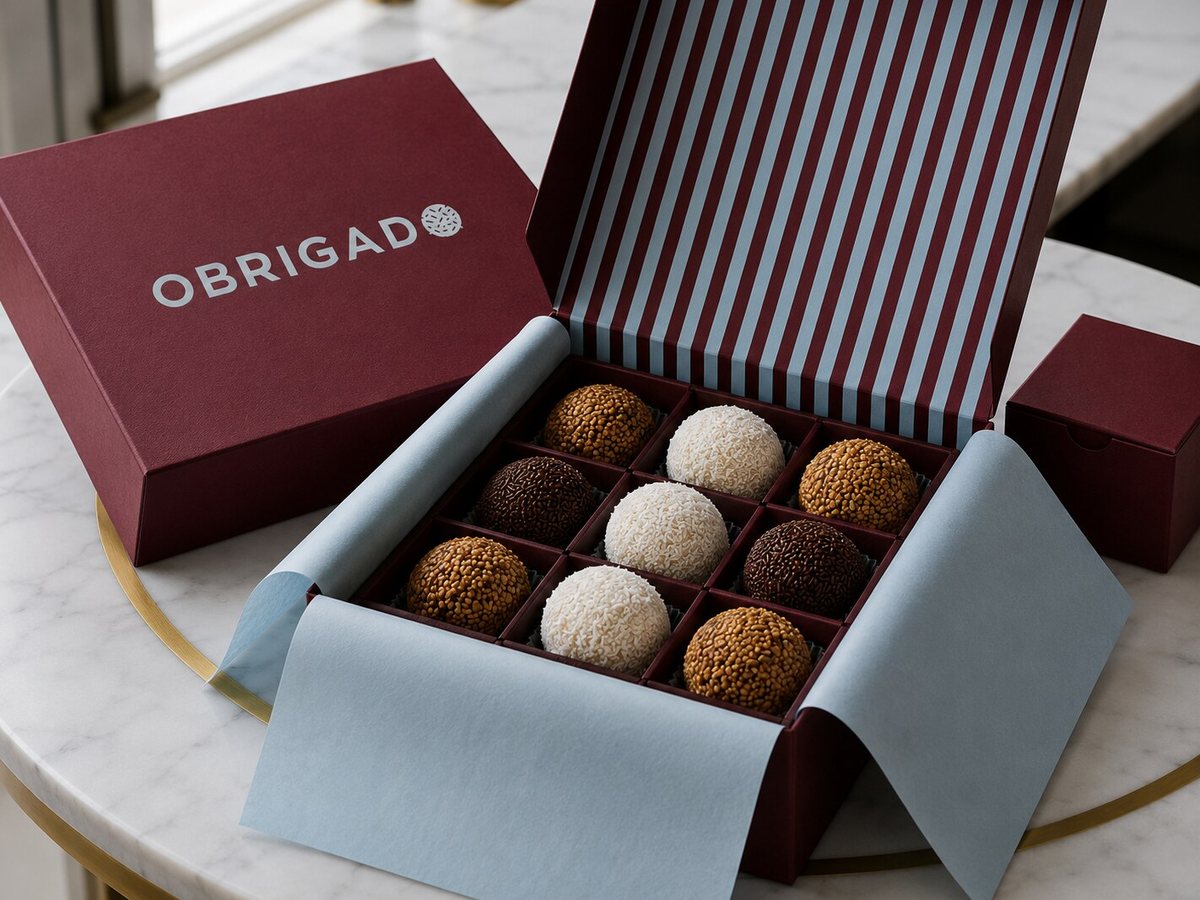 Caja de regalo Obrigado abierta con nueve Brigadeiros artesanales