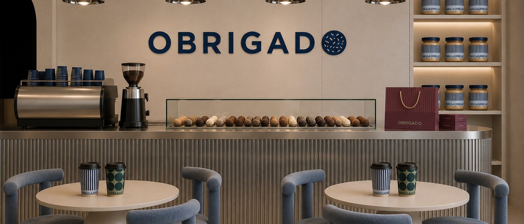 Interior de una tienda Obrigado con mostrador de Brigadeiros